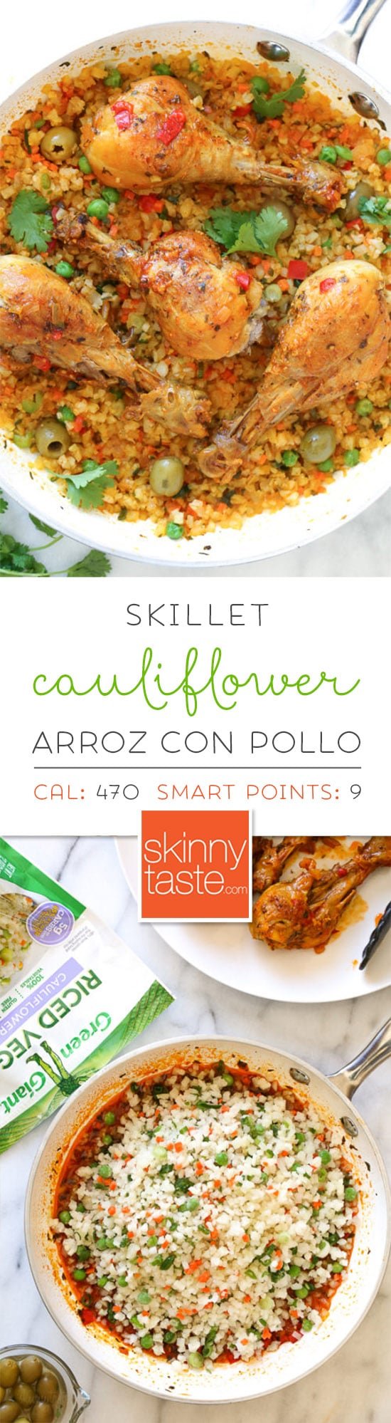 Skillet Cauliflower "Arroz" Con Pollo (Spanish chicken and rice) is a dish I grew up eating, and is pure comfort food to me. This low-carb version swaps the rice for veggies, which means larger portions with 85% less calories than rice!