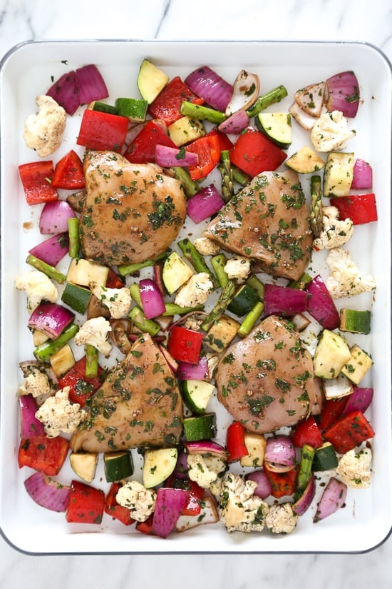 am I the only one obsessed with sheet-pan dinners? I mean, what’s easier than tossing everything with balsamic and herbs and throwing it in the oven for 20 minutes!