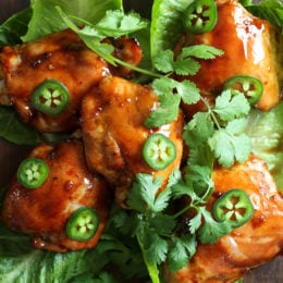 Sweet and spicy, these juicy skinless tamarind-glazed chicken thighs are easy to make and are perfect served with crisp lettuce on the side.