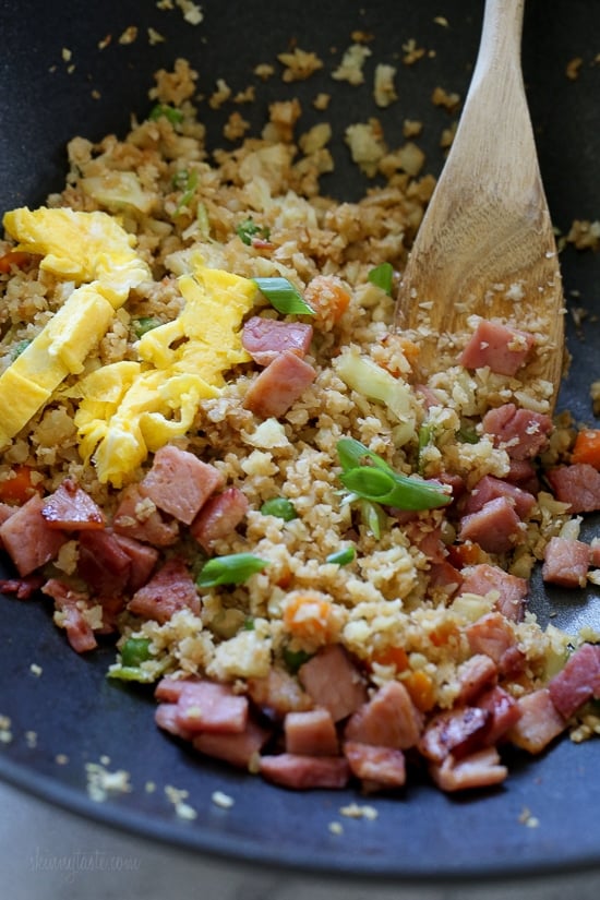 Cauliflower Fried "Rice" with Leftover Ham is a great way to use up that leftover Ham from the Holidays, which uses riced cauliflower in place of rice to make it low-carb and it's delicious! 