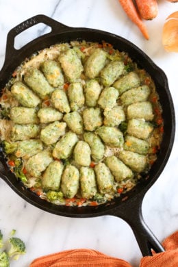 Skillet Chicken and Broccoli Veggie Tot Pie is the ultimate fast and easy, family-friendly, one-pan comfort dish! Made in a skillet with chicken breast, celery, carrots, and broccoli, then finished in the oven with broccoli and cheese veggie tots.