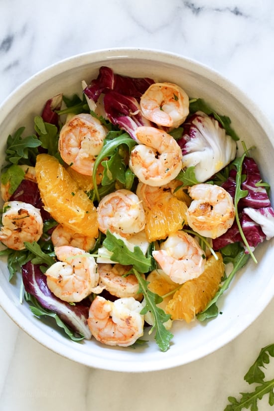 Grilled Shrimp Salad with Orange, Endive, Baby Arugula and Radicchio is the perfect light salad for Spring! 