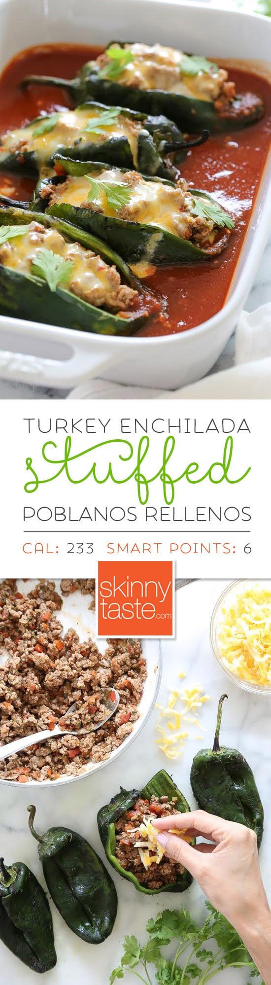 These baked Turkey Enchilada Stuffed Poblanos Rellenos are stuffed with a flavorful ground turkey filling, topped with my homemade enchilada sauce and cheese. These are so much lighter than restaurant chile rellenos which are typically battered in egg and deep fried.