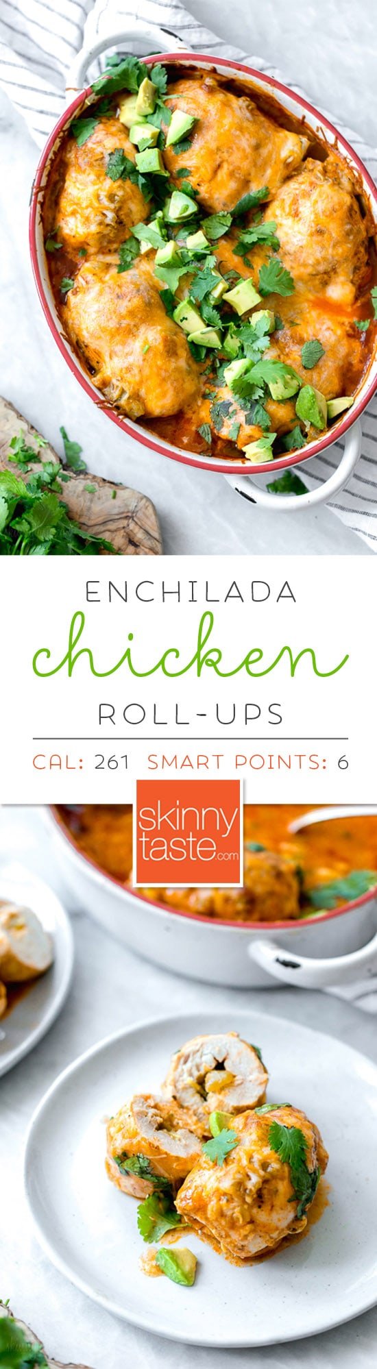 Chicken breasts on their own can be a bit boring. Roll ‘em up with cheese and green chilis, smother them in enchilada sauce and more cheese and now you’re talking. These Enchilada Chicken Roll-Ups give you authentic enchilada flavor without all the work, calories or fat. And you won’t even miss the tortillas!