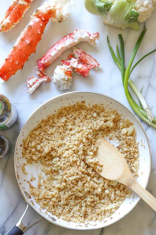 King Crab fried rice is one of my favorite dishes we often order when dining at a local Japanese restaurant. Every time I order it, I always say I'm going to try this with riced cauliflower, so finally I did and it was SO good!