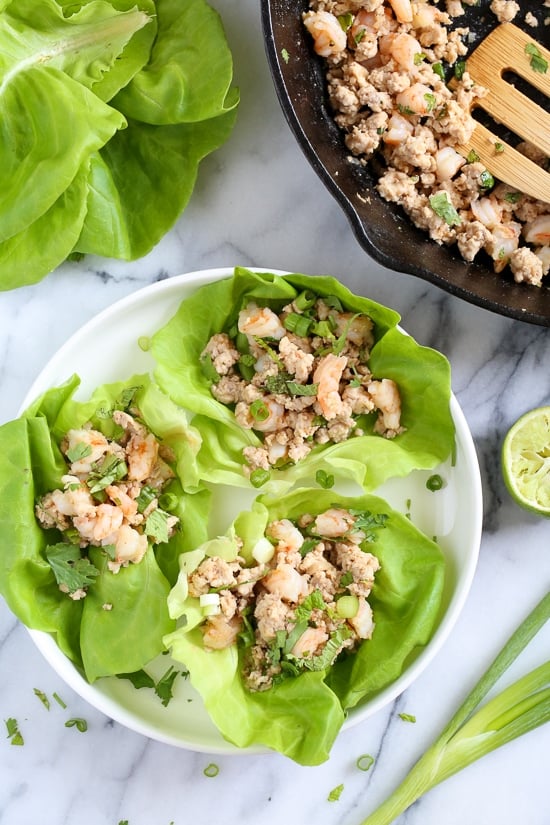 This chicken and shrimp laap or larp is a Laotian version of lettuce wraps. It's low-carb, Paleo-friendly, Whole 30 approved, loaded with flavor and so fast and easy to make!