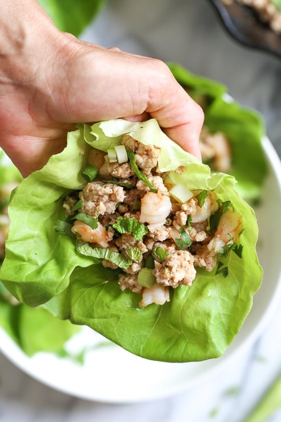 This chicken and shrimp laap or larp is a Laotian version of lettuce wraps. It's low-carb, Paleo-friendly, Whole 30 approved, loaded with flavor and so fast and easy to make!