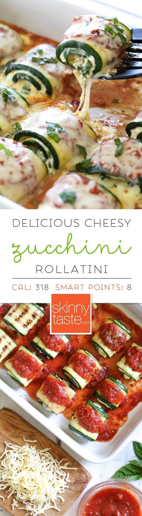 This cheesy, Zucchini Rollatini is a delicious, veggie-loaded dish! Made with strips of grilled zucchini stuffed with a basil-cheese filling, then rolled and topped with marinara, mozzarella and baked in the oven until the cheese is hot and melted.