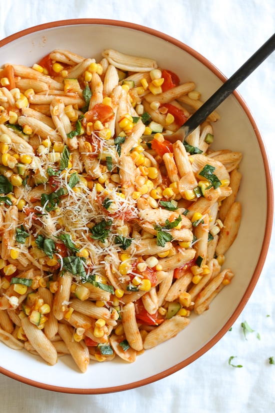 Pasta with Corn, Tomatoes and Zucchini