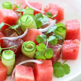 Juicy watermelon and soy-marinated Ahi tuna with cucumbers makes a delicious, light, summer salad appetizer or first course when you need a dish to impress!