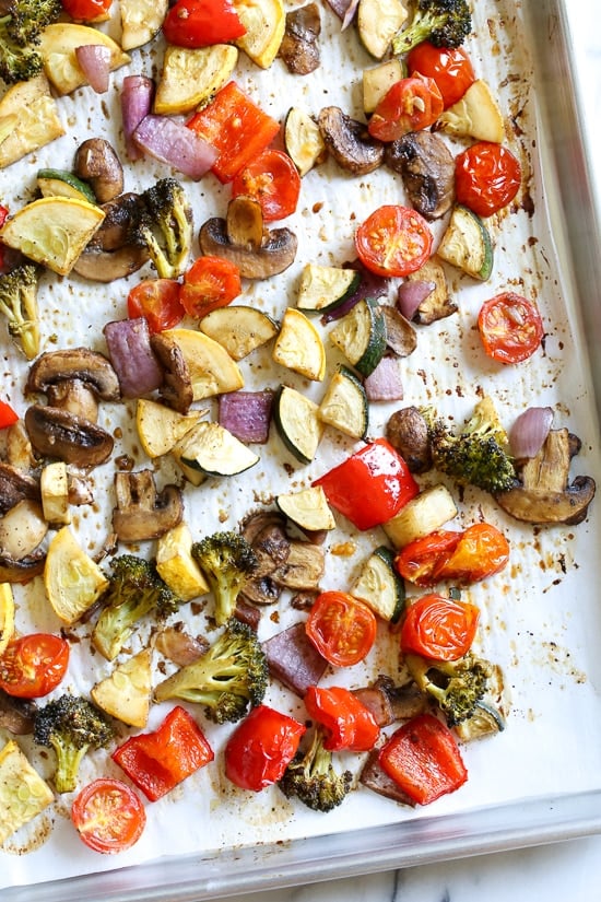 One bite of this Balsamic Roasted Veggie and White Bean Pasta and you'll want to make it all summer long! Roasted zucchini, yellow squash, mushrooms, peppers, and broccoli – loaded with veggies in every bite and finished with pesto and white beans. This is SO good, and picky husband approved!