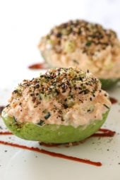 All the flavors in a Spicy California roll without the rice! These avocados are stuffed with lump crab, cucumbers and spicy mayo topped with furakike and drizzled with soy sauce. I’ve had this idea in my head all week, I wasn’t exactly sure how it would come out but I’m obsessed with them, they came out so good!