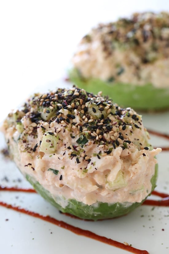 All the flavors in a Spicy California roll without the rice! These avocados are stuffed with lump crab, cucumbers and spicy mayo topped with furakike and drizzled with soy sauce. I’ve had this idea in my head all week, I wasn’t exactly sure how it would come out but I’m obsessed with them, they came out so good!