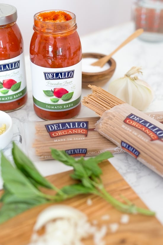 Delallo brand tomato basil sauce and wheat pasta