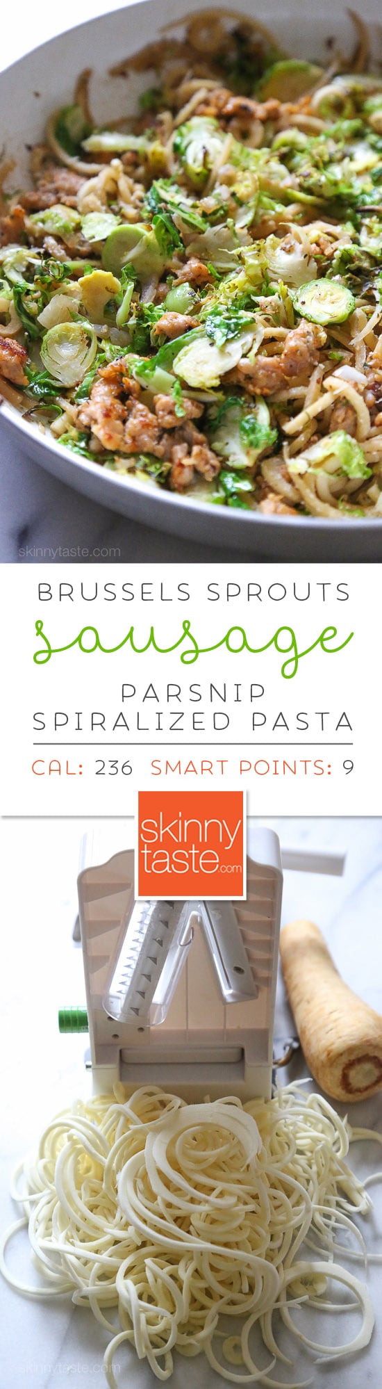 Spiralized parsnips make a wonderful pasta replacement in this satisfying, spicy Autumn dish made with brussels sprouts and spicy chicken sausage.