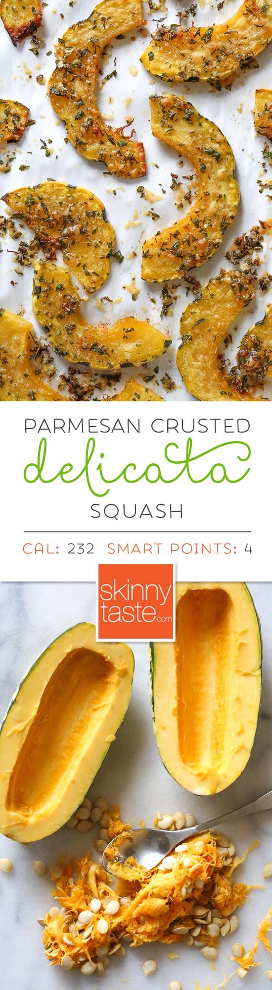 Roasted Delicata squash topped with a Parmesan-herb crust, I like to leave it in the oven until the edges are crisp, golden and delicious! Acorn squash can be used in place of Delicata.