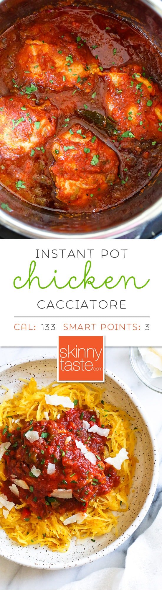 Chicken Cacciatore made in an Instant! The sauce is hearty and chunky, loaded with chicken, tomatoes, peppers and onions ( sometimes I add mushrooms too!) Great over pasta, roasted spaghetti squash, rice or polenta. I also have a slow cooker chicken cacciatore and stove top version. #chickencacciatore #instantpotchickencacciatore #pressurecookerchickencacciatore #weightwatcherschickencacciatore #chickencacciatorerecipe 