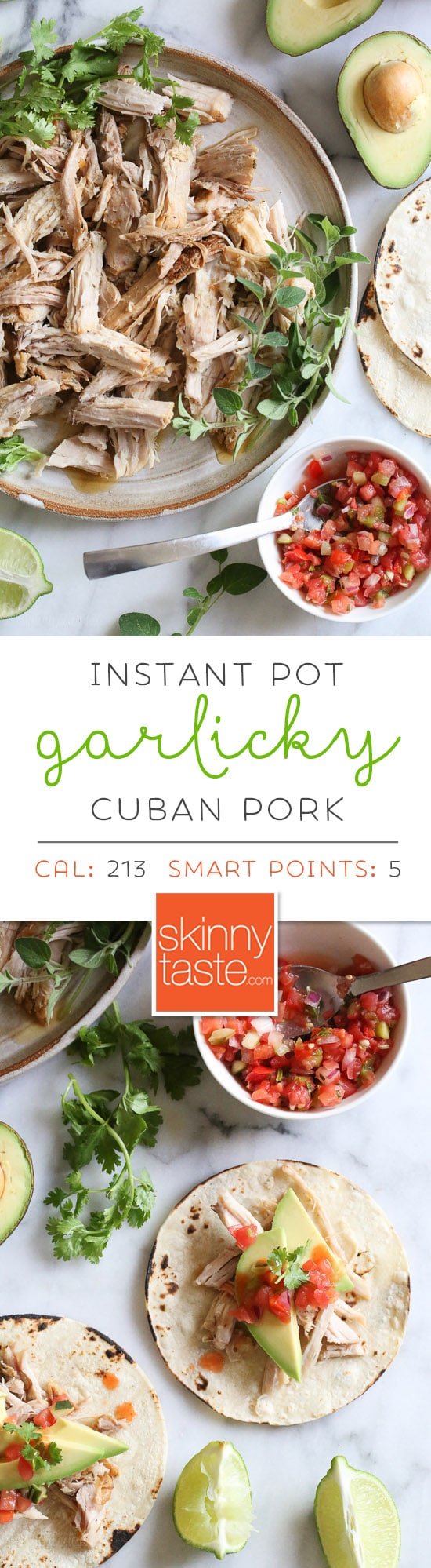 Tender shredded pork, marinated in garlic, cumin, grapefruit and lime and cooked in the pressure cooker is perfect to serve over a bed of rice, cauliflower rice or with tortillas and salsa and avocados for taco night. #instantpot #pressurecooker #shreddedpork #shreddedporkrecipe #easyporktaco