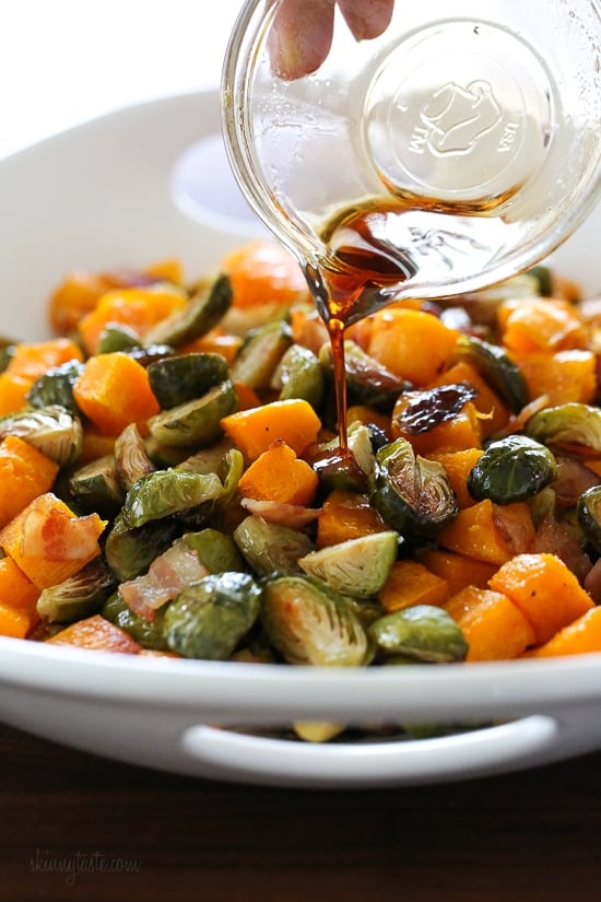 Easy fall side dish with brussels sprouts, butternut and bacon.