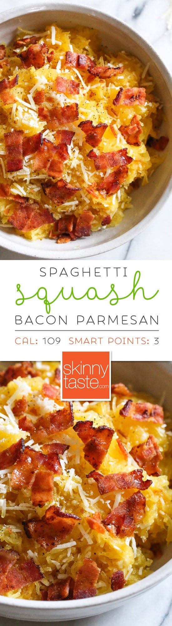 Roasted spaghetti squash with bacon and Parmesan cheese is a great way to top spaghetti squash for an easy, tasty, low-carb side dish. Although there are several methods to cook spaghetti squash, my favorite way to make it is roasted. To roast the squash, I cut it on half lengthwise, remove the seeds and cook it cut down for about one hour. #spaghettisquash #easyspaghettisquashrecipe