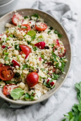 This EASY and fresh couscous is so easy and tasty, and it goes with just about everything. You can serve it with fish, chicken, beef, lamb, or pork, or you can serve it as a meat-free and light main dish.