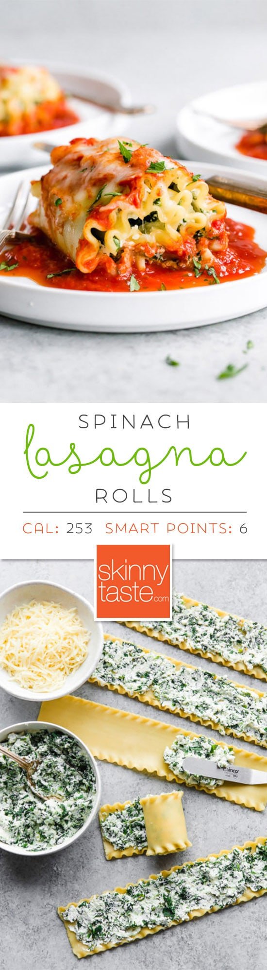 These EASY Spinach Lasagna Roll ups are totally delicious, perfect for entertaining or serving for weeknight meals. Individual vegetarian lasagnas filled with spinach and cheese are family-friendly, satisfying and perfect for portion control. It's also a great way to get your kids to eat spinach and no one will miss the meat! #lasagna #lasagnarollups #spinachlasagna #vegetarianlasagna