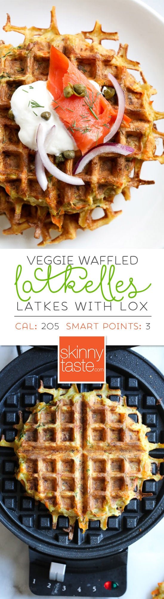 These veggie-packed latkes, are not your traditional latkes, they’re made with shredded potatoes and a mix of carrots, zucchini and bell pepper, PLUS they're cooked in a waffle iron so there’s no need to fry! What to serve with latkes is completely up to you, my favorite is with sour cream, lox, capers and red onion, or simply with apple sauce on the side. #latkes #hanukkah