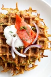 These veggie-packed latkes, are not your traditional latkes, they’re made with shredded potatoes, carrots, zucchini and bell pepper, and they are cooked in a waffle iron so there’s no need to fry! Top them with sour cream, lox and capers or with apple sauce on the side.