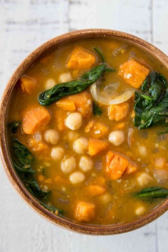 Chickpea Sweet Potato Stew with fresh baby spinach mixed in.