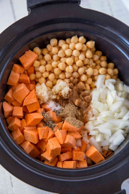 Chickpea Sweet Potato Stew made in the crock pot is a dump and go easy recipe.