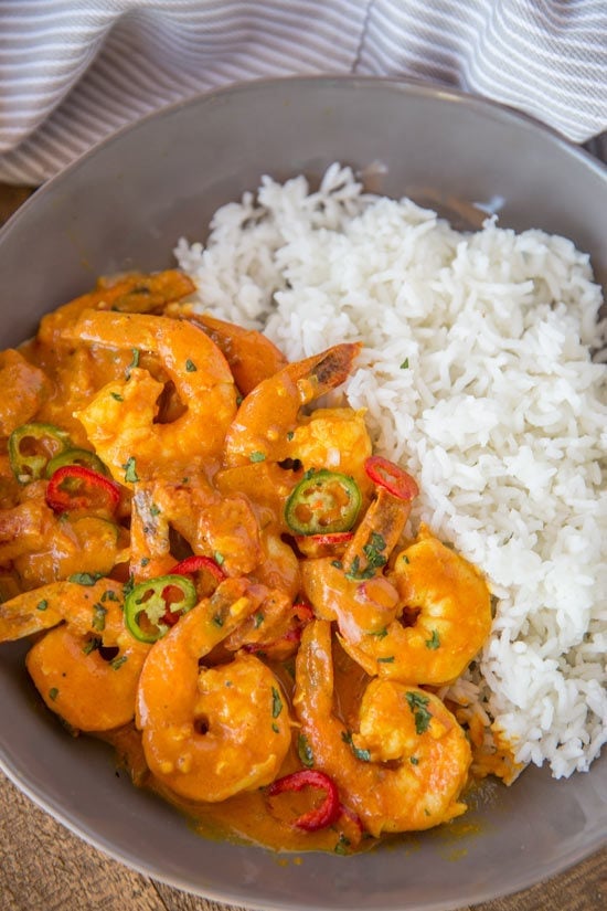 Indian Shrimp Curry in bowl with rice.