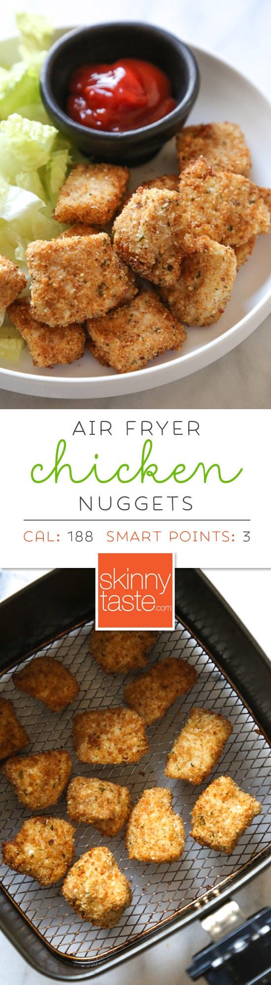 Making homemade Chicken Nuggets in the air-fryer is so much healthier than fast food or frozen nuggets, and so easy to make. Made with chunks of chicken breasts coated in breadcrumbs and parmesan cheese then air fried until golden and crisp. These also happen to be egg-free, so they are also great for kids with egg allergies.