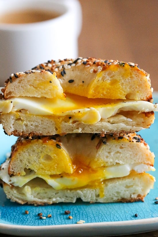 Egg sandwich on an everything bagel.