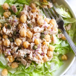Chickpea Tuna Salad with capers is perfect for lunch! Quick and easy for meal prep! Healthy and filling, this mayo-less Tuna Salad is loaded with protein and tastes even better the next day.