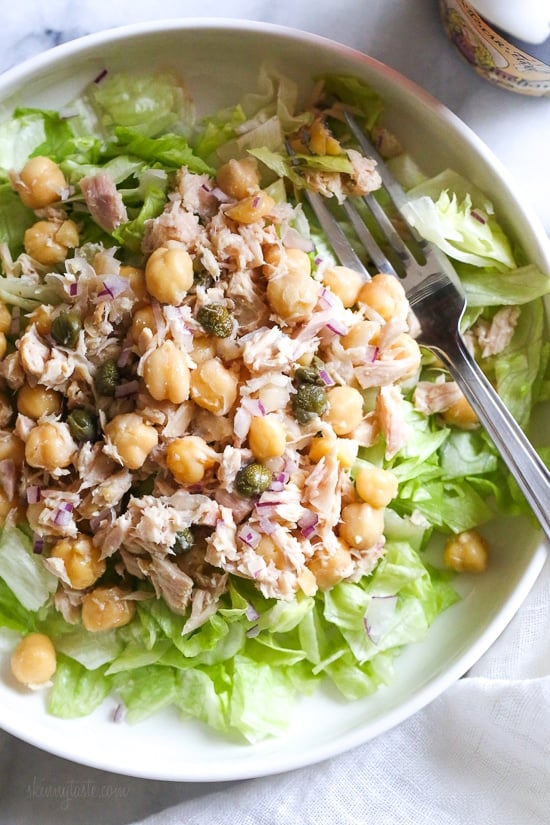 Chickpea Tuna Salad with capers is perfect for lunch! Quick and easy for meal prep! Healthy and filling, this mayo-less Tuna Salad is loaded with protein and Omega 3s and tastes even better the next day.
