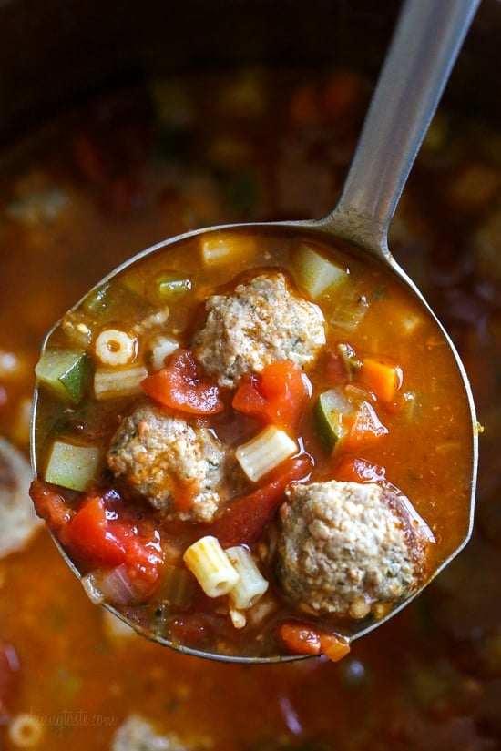 This hearty soup is loaded with mini turkey meatball, zucchini, vegetables and ditalini pasta. I love to add a Parmesan cheese rind to my soup, my secret for extra flavor but it's totally optional! 