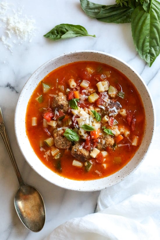 A bowl of turkey meatball and ditalini soup 
