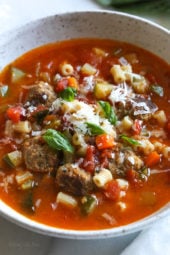 This hearty soup is loaded with mini turkey meatball, zucchini, vegetables and ditalini pasta. I love to add a Parmesan cheese rind to my soup, my secret for extra flavor but it's totally optional!