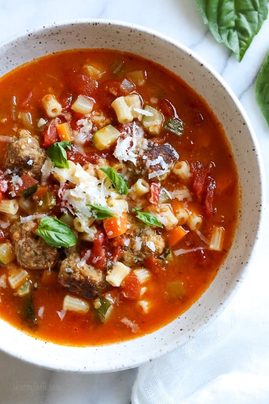 This hearty soup is loaded with mini turkey meatball, zucchini, vegetables and ditalini pasta. I love to add a Parmesan cheese rind to my soup, my secret for extra flavor but it's totally optional! 