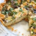 This easy lighter chicken quiche is made with refrigerated pie crust and loaded with spinach and mushrooms but you can use any combination of vegetables. A great recipe to clean out the refrigerator!