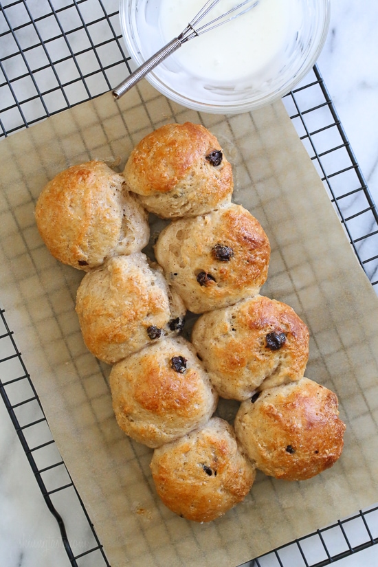 Easy Hot Cross Buns using this easy dough from my Bagel Recipe. No yeast, no boiling, no fancy mixer. Bake them in the oven or in the air-fryer!