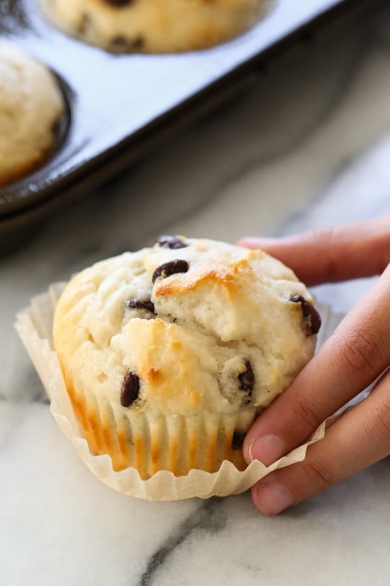 These Yogurt Chocolate Chip Muffins are so moist and high in protein thanks to Greek Yogurt!