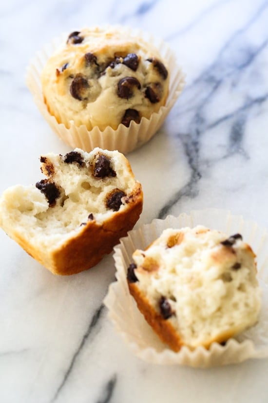 These Yogurt Chocolate Chip Muffins are so moist and high in protein thanks to Greek Yogurt!