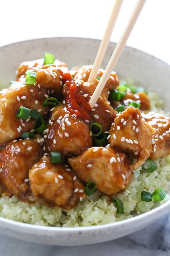 This lighter General Tso's Chicken is made with chunks of white meat chicken breast, lightly wok sautéed with an easy, healthier stir-fry sauce, and less than half the calories than if you ordered take-out!