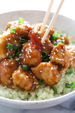 This lighter General Tso's Chicken is made with chunks of white meat chicken breast, lightly wok sautéed with an easy, healthier stir-fry sauce, and less than half the calories than if you ordered take-out!