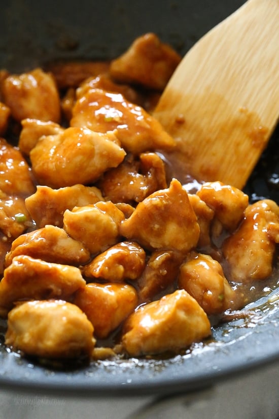 This lighter General Tso's Chicken is made with chunks of white meat chicken breast, lightly wok sautéed with an easy, healthier stir-fry sauce, and more than half the calories than if you ordered take-out!