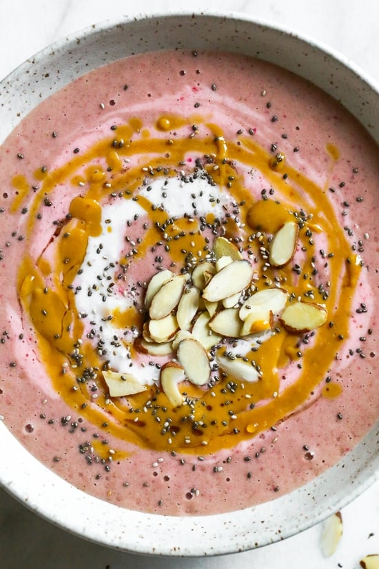 Strawberry Peanut Butter Swirl Smoothie Bowls – absolutely delicious, this is my new go-to 5-minute smoothie bowl with just a few ingredients! A satisfying, nutrient-rich, plant-based breakfast, snack or even dessert!