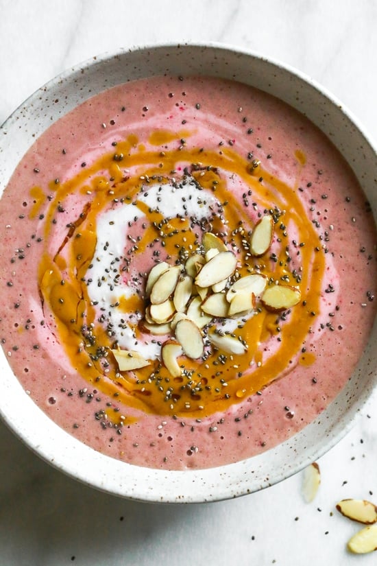 Strawberry Peanut Butter Swirl Smoothie Bowls – absolutely delicious, this is my new go-to 5-minute smoothie bowl with just a few ingredients! A satisfying, nutrient-rich, plant-based breakfast, snack or even dessert!