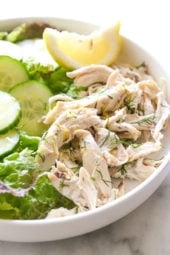 This simple, healthy chicken salad is made with breast meat from a cooked rotisserie chicken, fresh lemon and dill. Fast and easy, and perfect for all diets including low-carb, keto, Whole30, Paleo, gluten-free and of course, Weight Watchers.