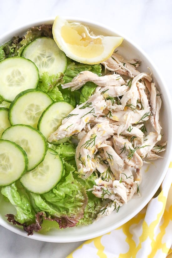 This simple, healthy chicken salad is made with breast meat from a cooked rotisserie chicken, fresh lemon and dill. Fast and easy, and perfect for all diets including low-carb, keto, Whole30, Paleo and of course, Weight Watchers.